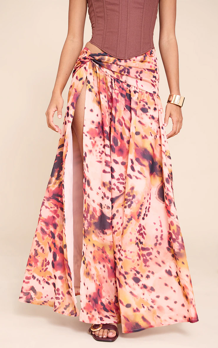 Multi Print Twist Front Thigh Split Maxi Skirt