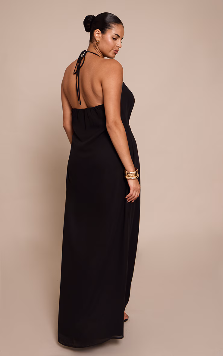Plus Black Chiffon Halterneck Trim Detail Maxi Dress