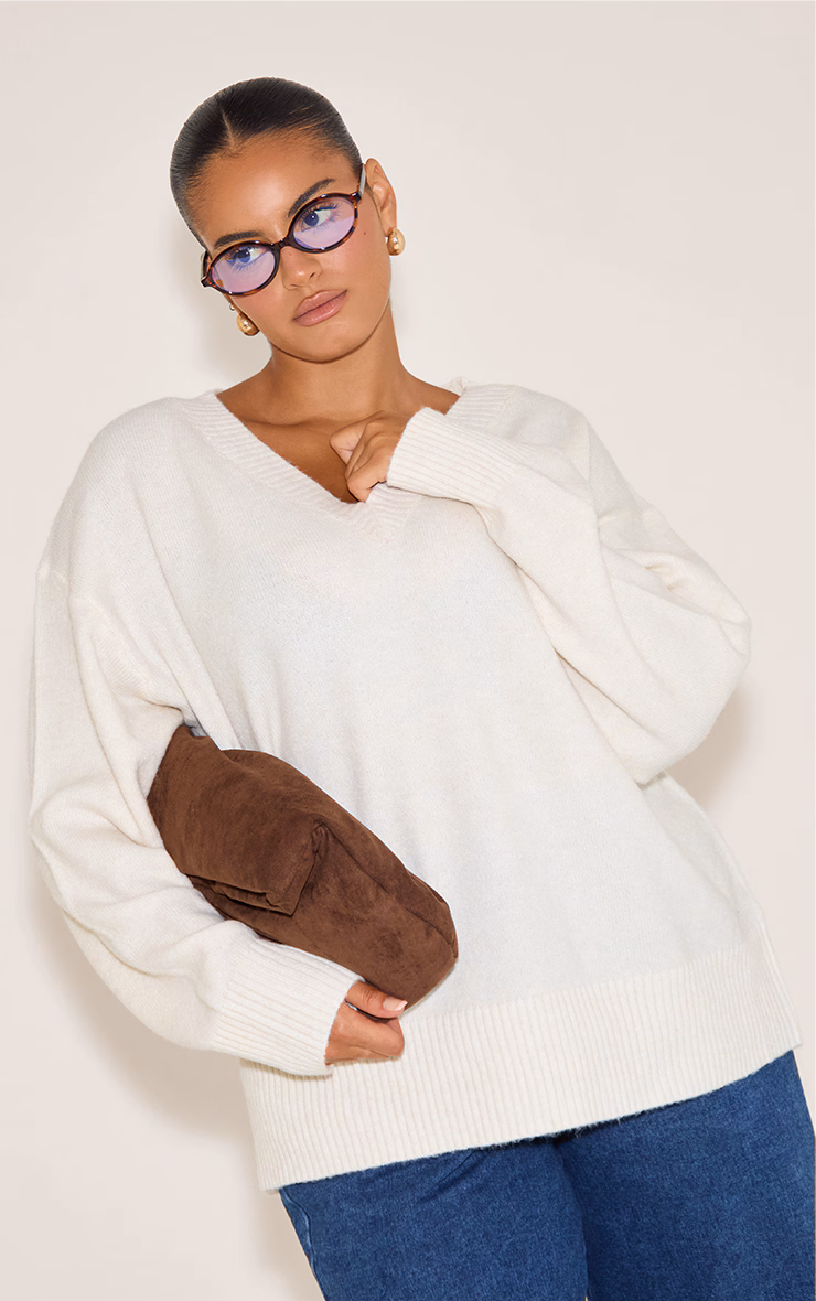 Plus Cream Knit V-neck Sweater