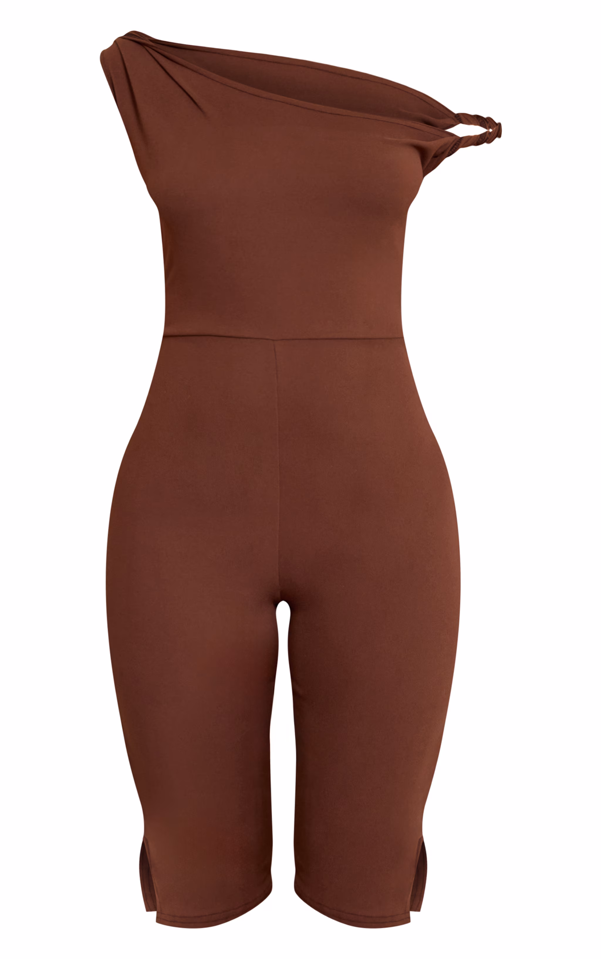 Petite Chocolate Super Soft Bardot Twist Detail Fitted Jumpsuit