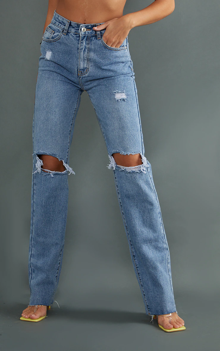 PRETTYLITTLETHING Tall Mid Blue Wash Ripped Long Leg Mid Rise Straight Jeans