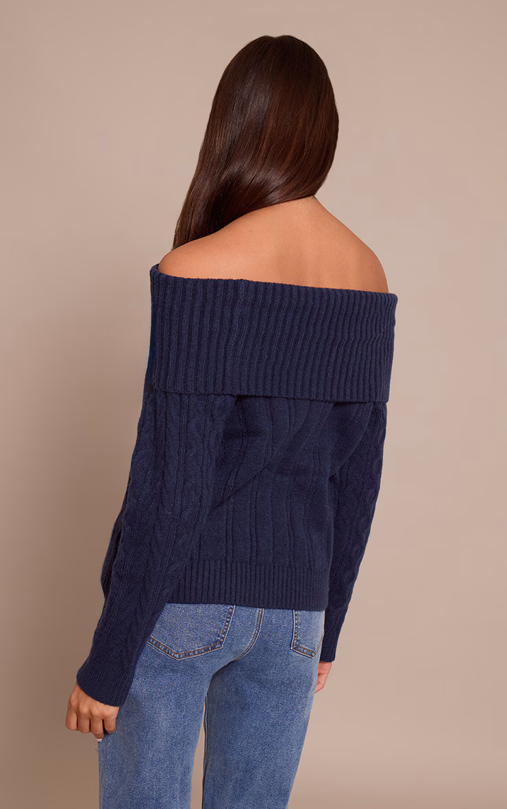 Navy Cable Knit Bardot Sweater