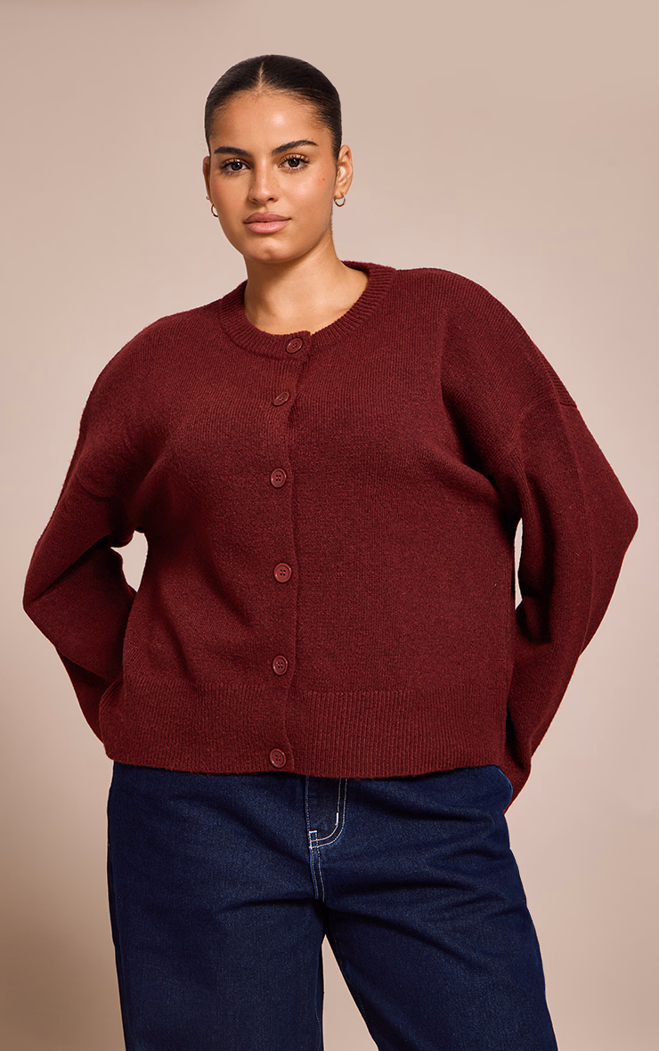 Plus Deep Red Knit Button Through Cropped Cardigan