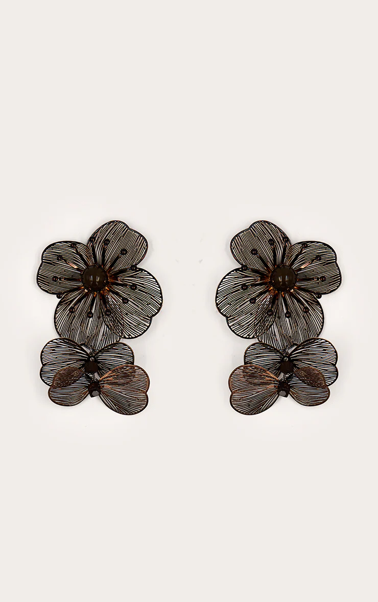 Black Ornate Flower Drape Statement Earrings