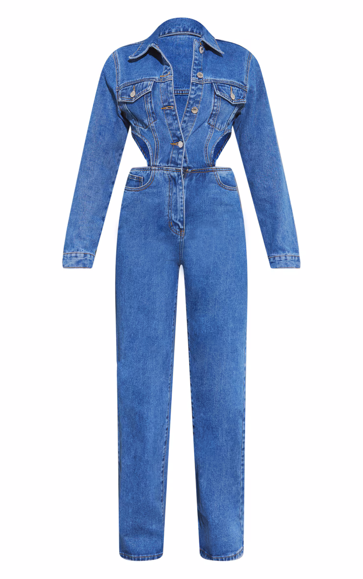 Mid Blue Wash Cut Out Waist Denim Jumpsuit