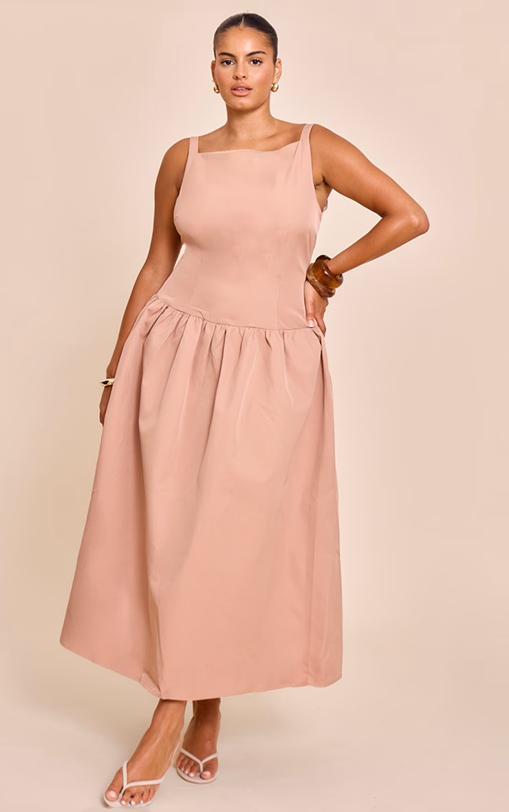 Plus Taupe Dropped Waist Midaxi Dress
