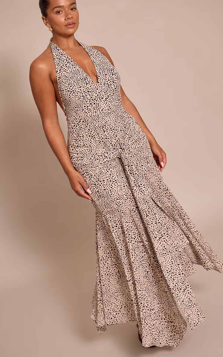 Shape Black Dalmatian Print Halterneck Wrap Waist Maxi Dress