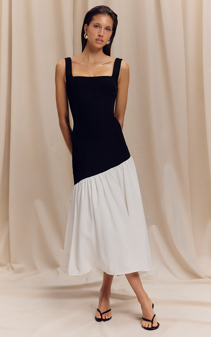 Monochrome Contrast Pleated Hem Square Neck Midaxi Dress