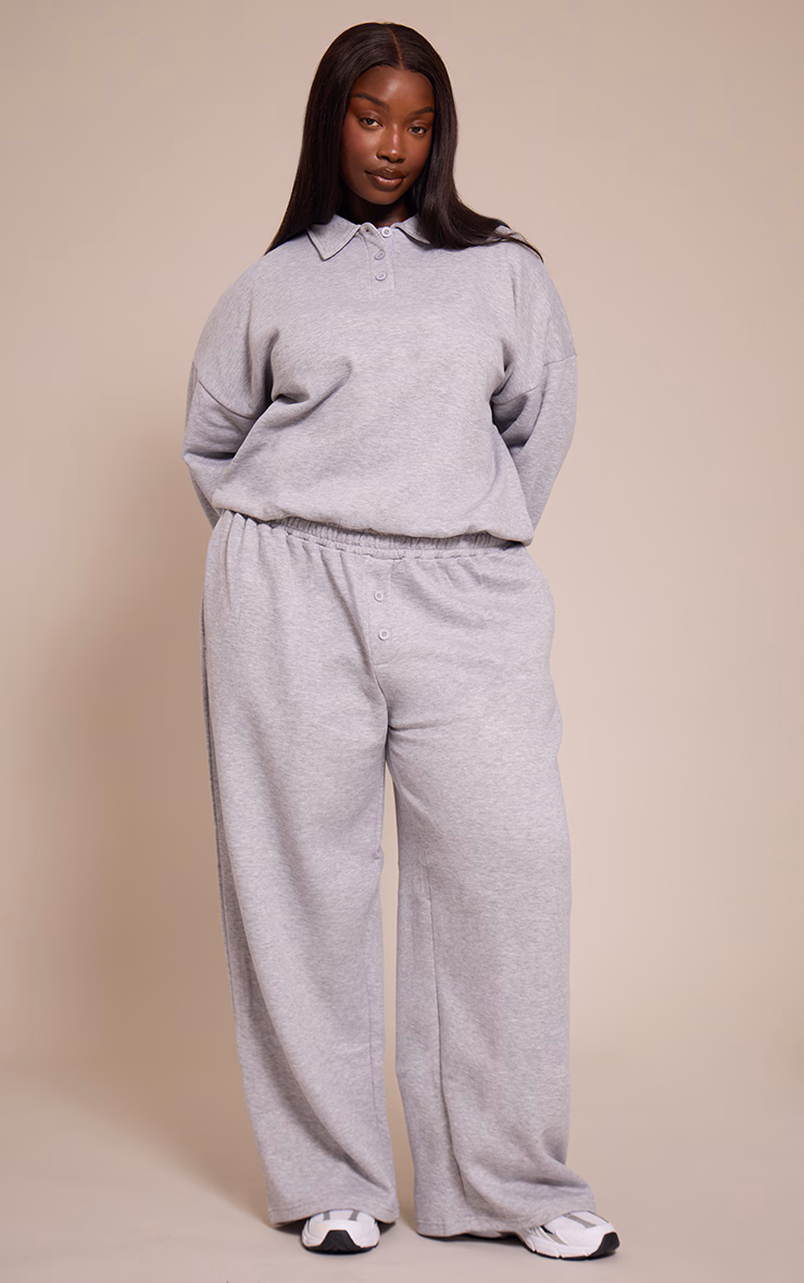 Plus Grey Marl Button Up Wide Leg Sweatpants