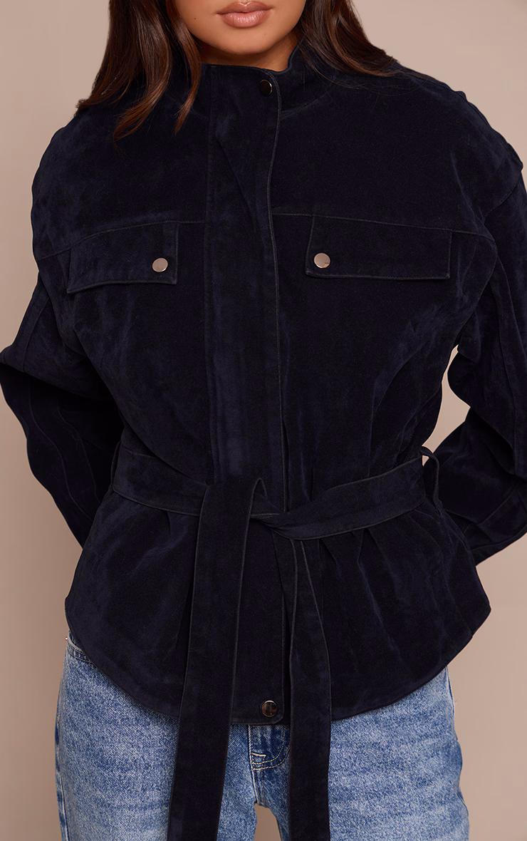 Navy Faux Suede Belted Drop Waist Jacket