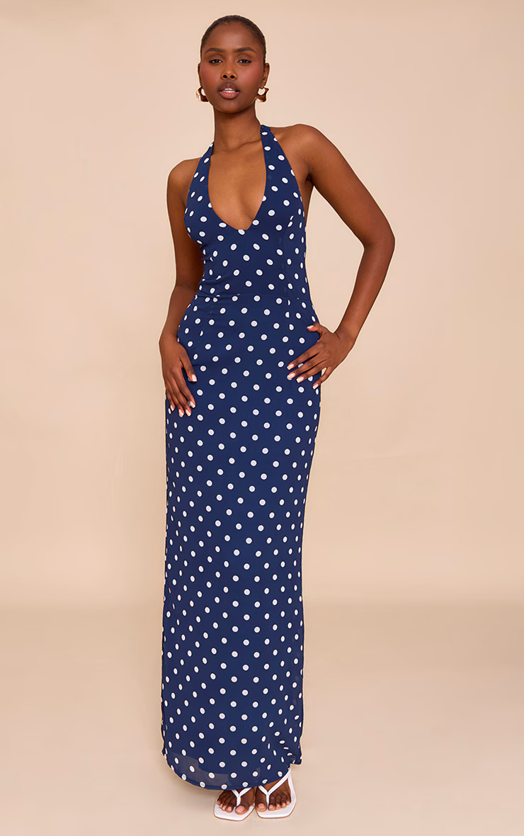 Navy And White Chiffon Polka Dot Printed Plunge Neck Maxi Dress