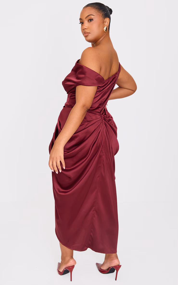 Plus Burgundy Satin Off The Shoulder Draped Skirt Midi Dress
