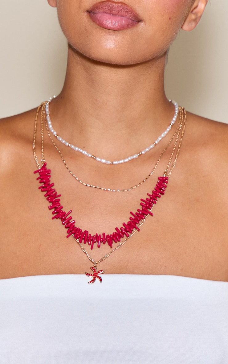 Red Beaded Layered Starfish Pendant Necklace