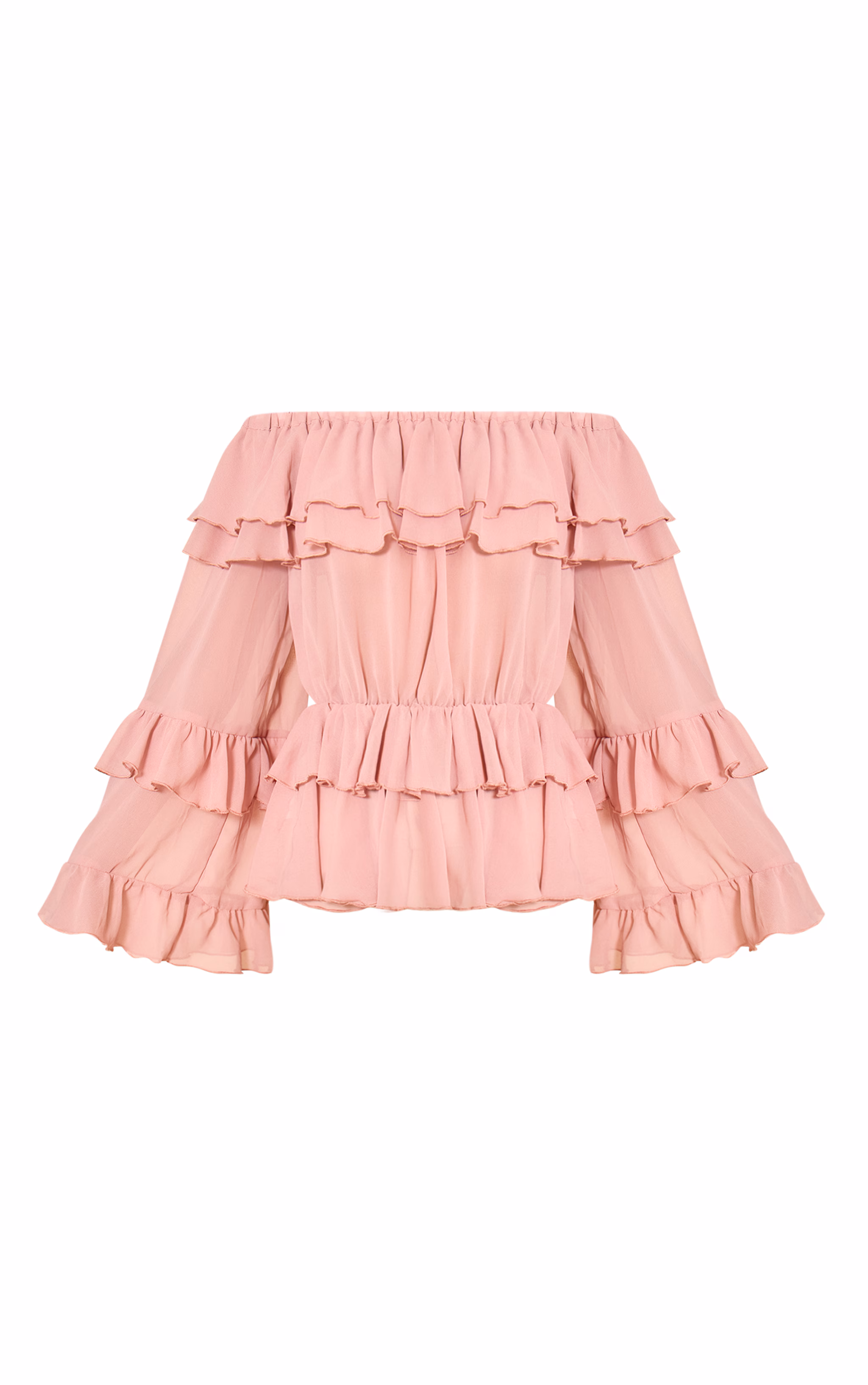 Pale Pink Chiffon Tiered Ruffle Bardot Top