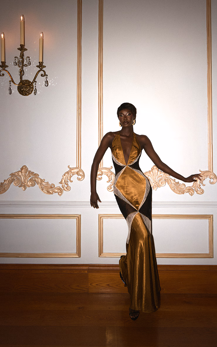 Golden Olive Lace Panelled Strappy Fishtail Maxi Dress