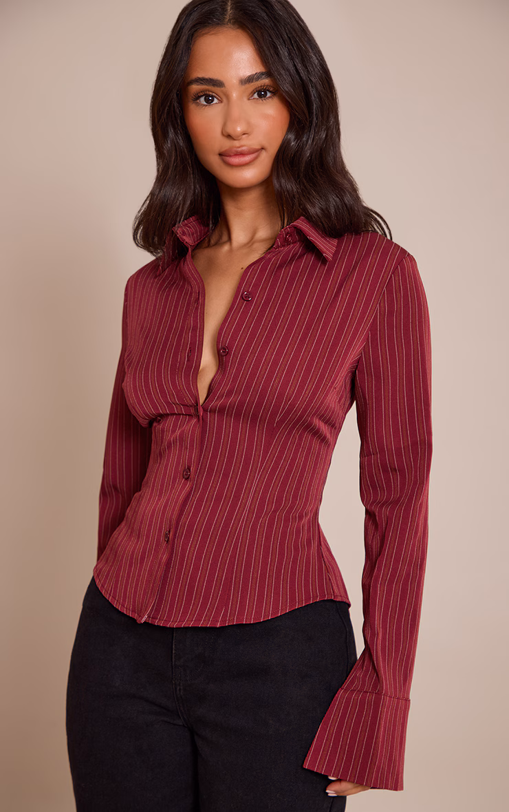 Petite Burgundy Striped Long Sleeve Fitted Shirt