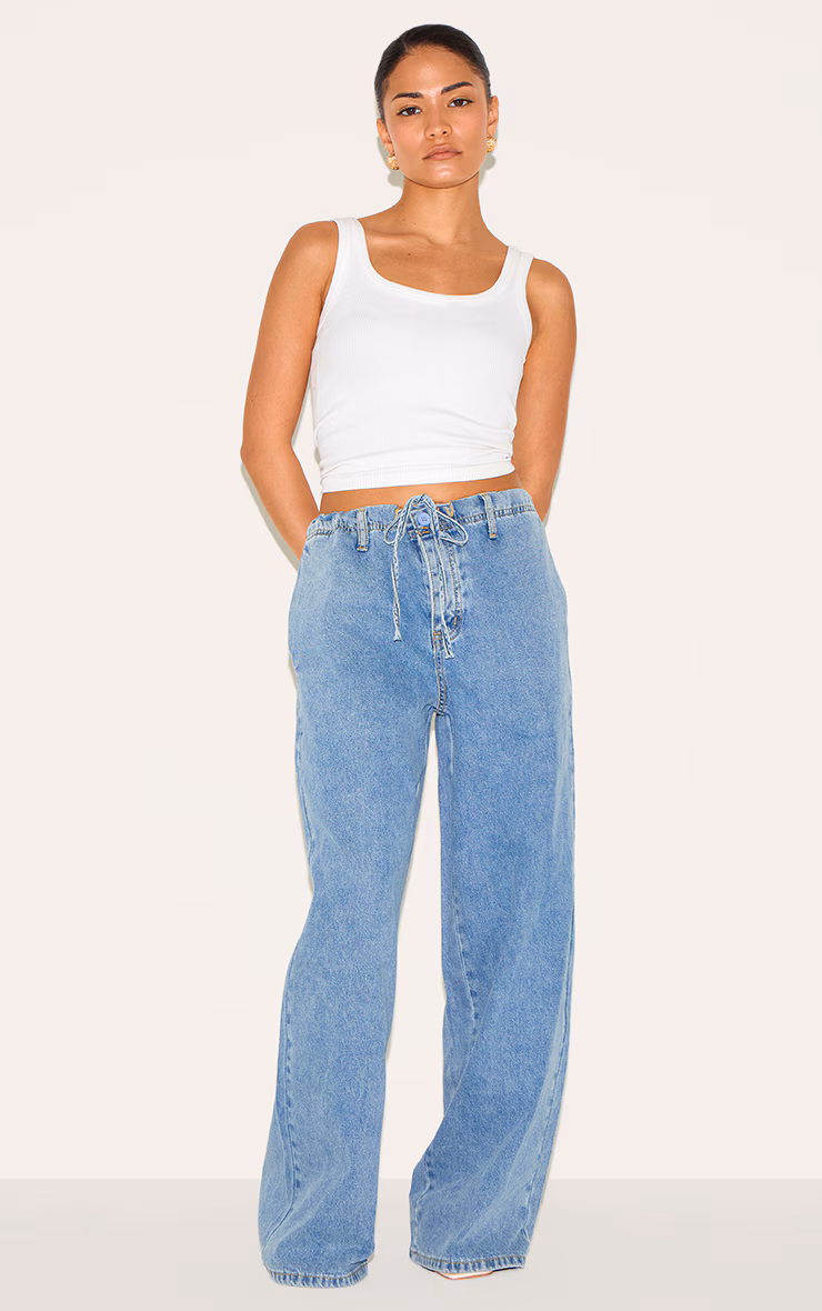 Petite Light Blue Denim Relaxed Drawstring Wide Leg Jeans