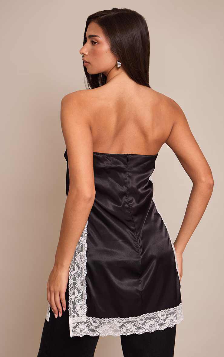 Black Satin Lace Trim Detail Longline Baneau Top