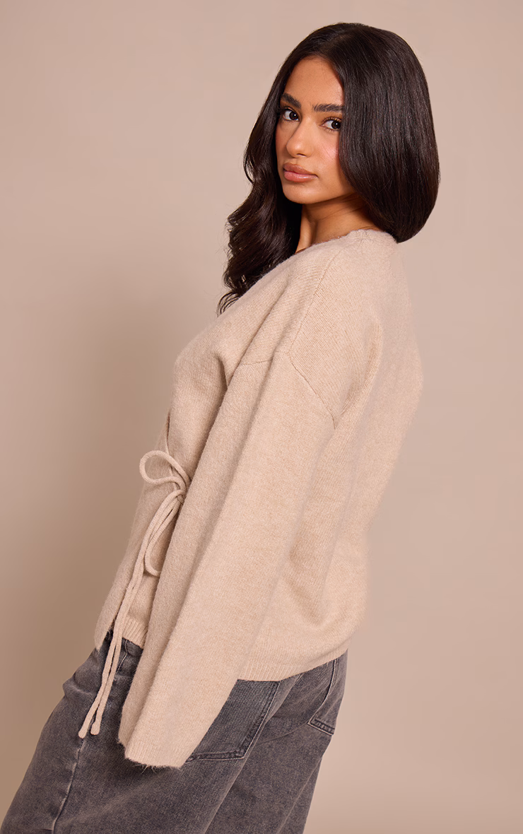 Petite Oatmeal Wrap Tie Side Knitted Sweater