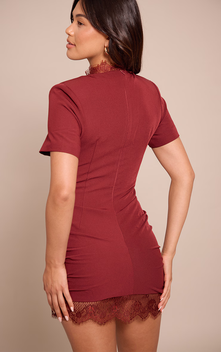 Plum Woven Key Hole Lace Trim Mini Dress