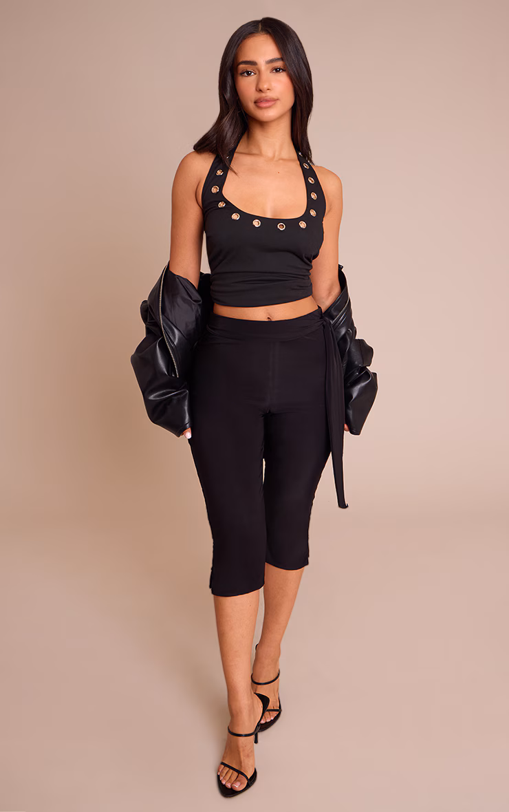 Petite Black Double Layer Wrap Waist Capri Leggings