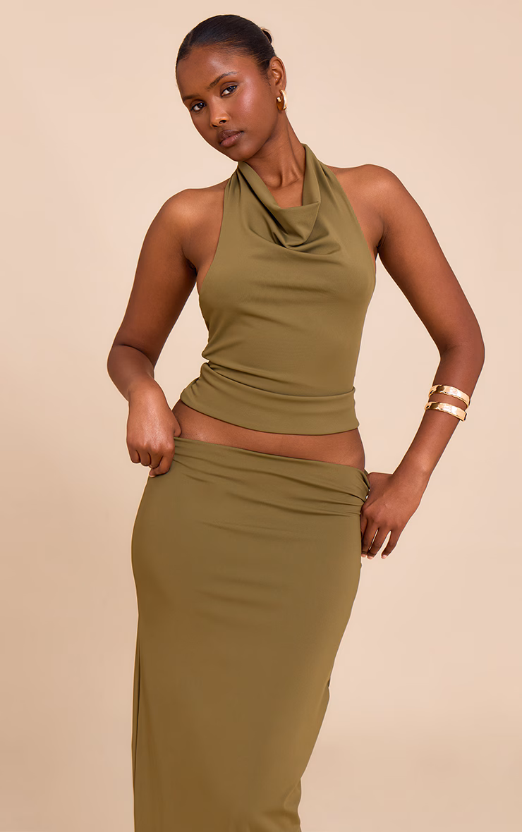 Olive Matte Sculpt Halterneck Gold Detail Backless Top