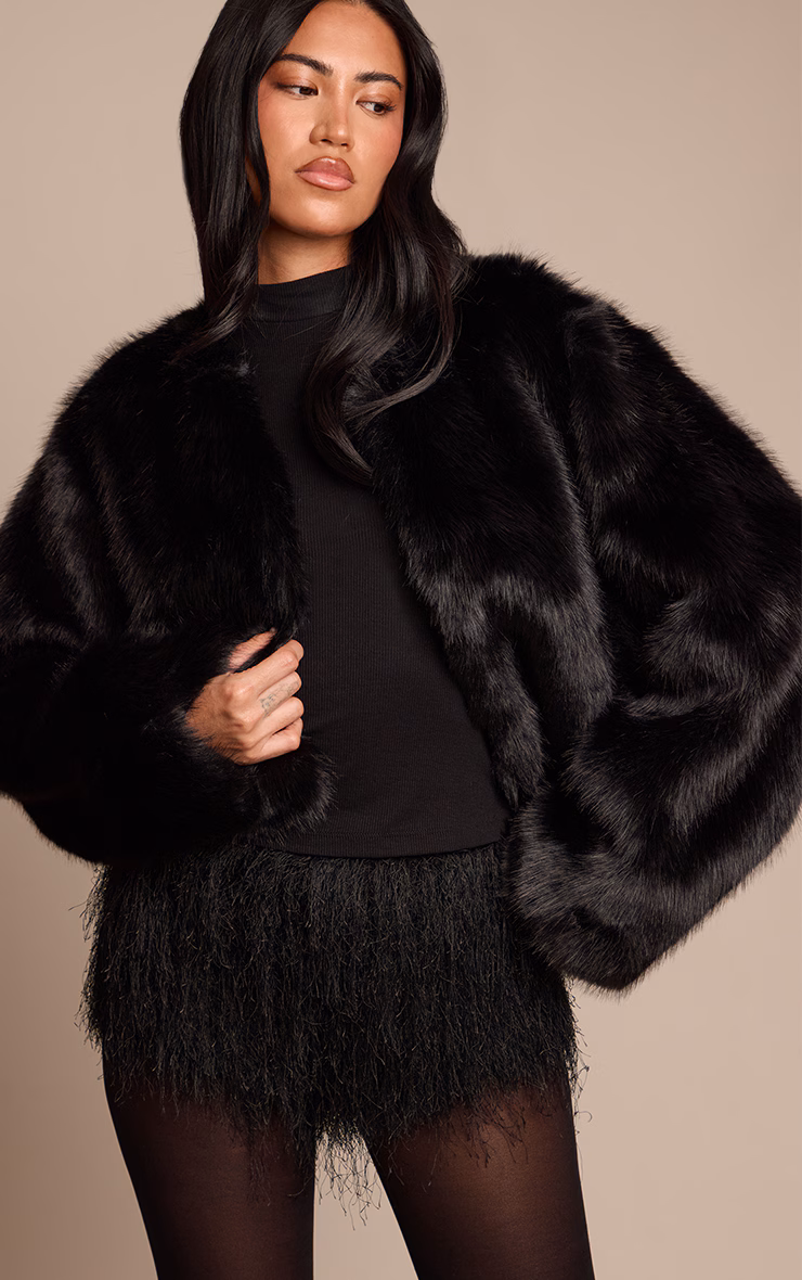 Black Cropped Faux Fur Coat