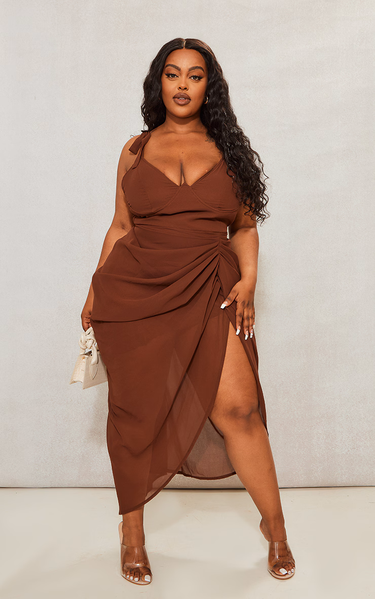 Plus Chocolate Underwire Detail Draped Midi Dress