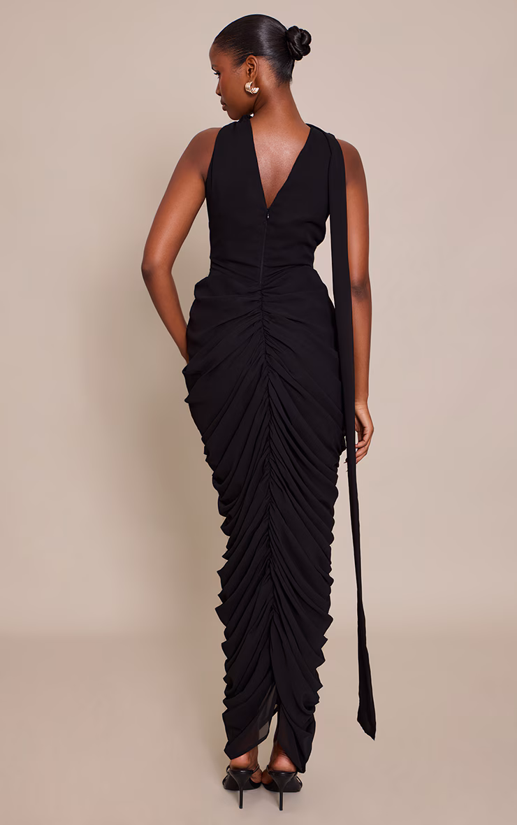 Black Chiffon Scarf Detail Ruched Maxi Dress