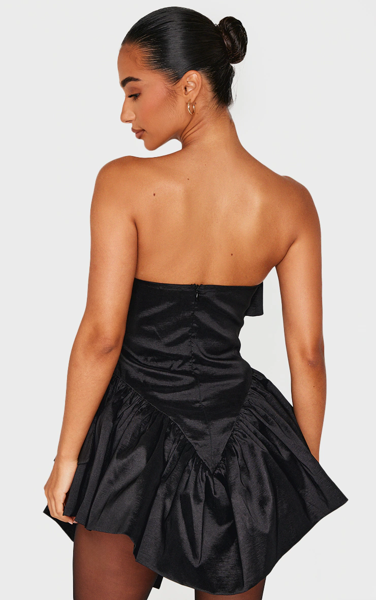 Petite Black Bandeau Corset Detail Ruffle Hem Mini Dress