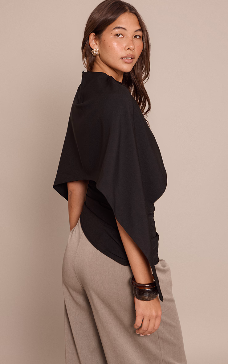 Black Woven Cape Detail Ruched Long Top