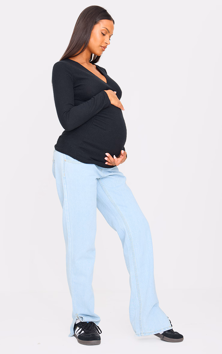 Maternity Black Brushed Rib Ruched Top