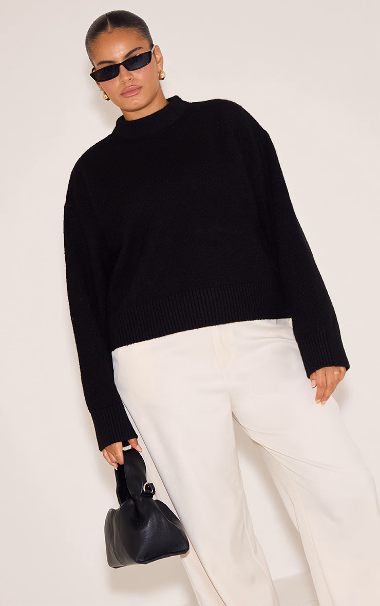 Plus Black Knit High Neck Crop Sweater