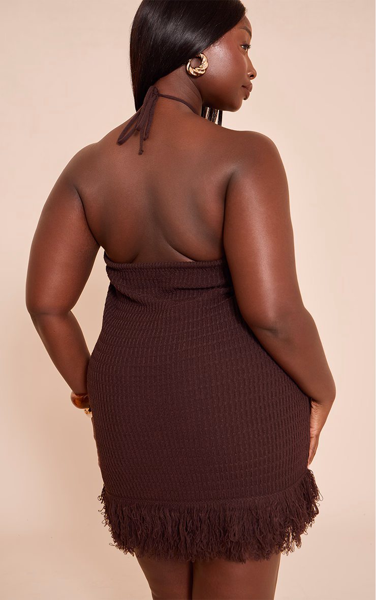 Plus Chocolate Halterneck Bead Detail Knit Mini Dress