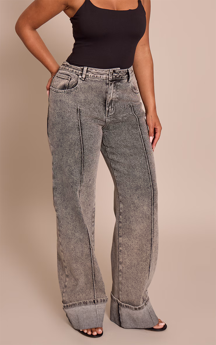 Shape Ash Grey Highwaisted Stretch Denim Pintuck Turn Up Hem Wide Leg Jeans