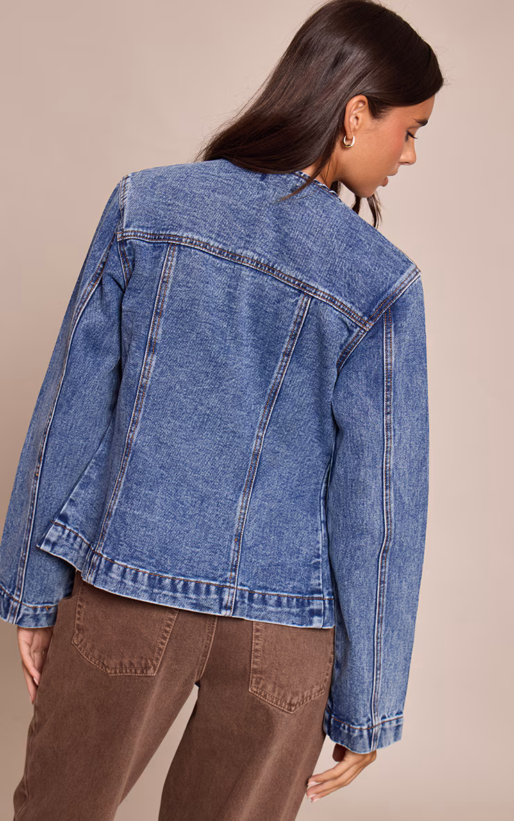 Mid Blue Wash Asymmetric Button Collarless Denim Shirt