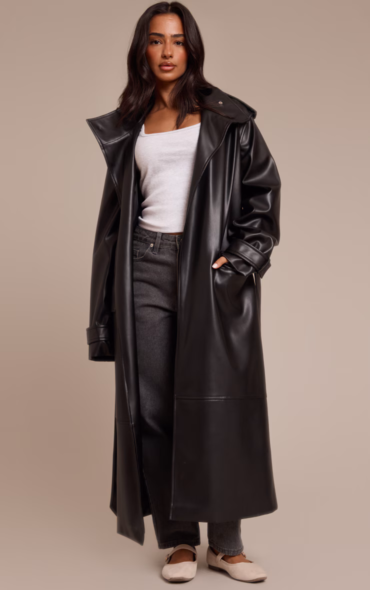 Petite Black Tie Waist Maxi Trench Coat