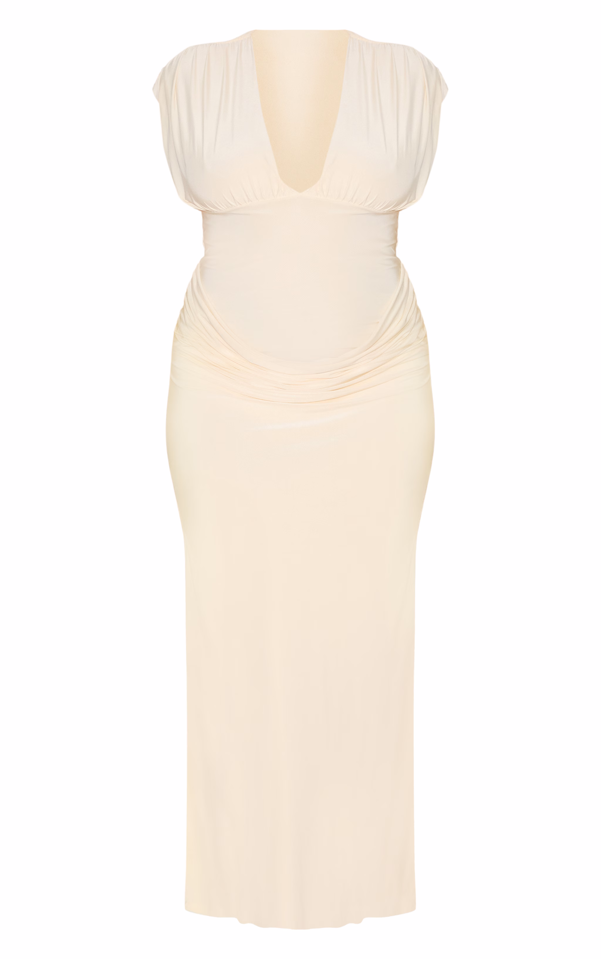 Plus Cream Double Layer Plunge Ruched Shoulder Drape Waist Maxi Dress