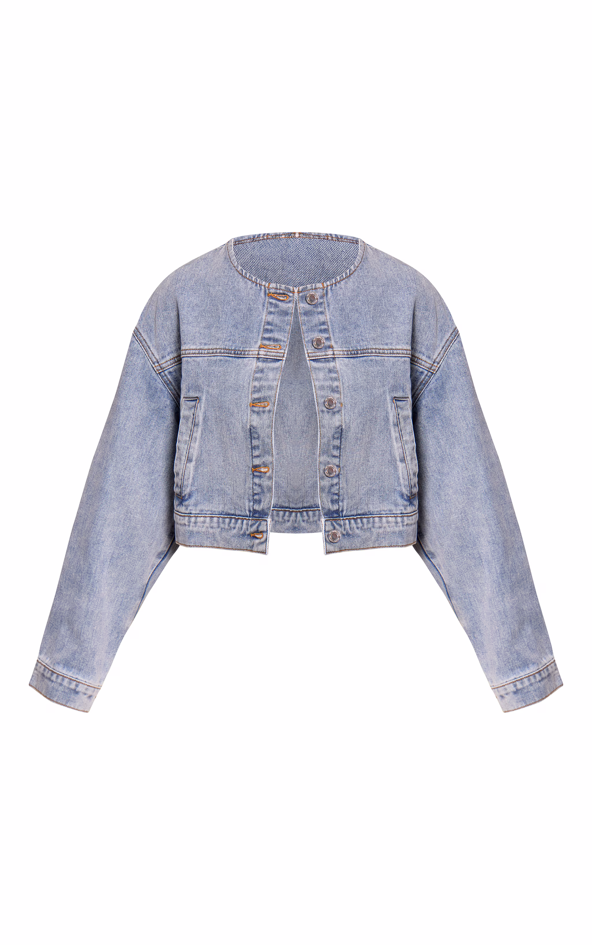 Mid Blue Wash Collarless Cropped Denim Jacket