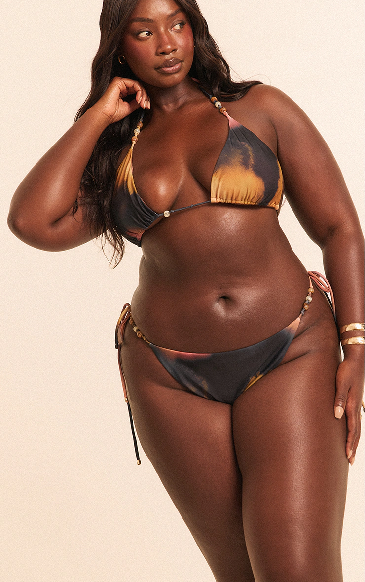 Plus Multi Blurred Print Bead Trim Tanga Bikini Bottoms