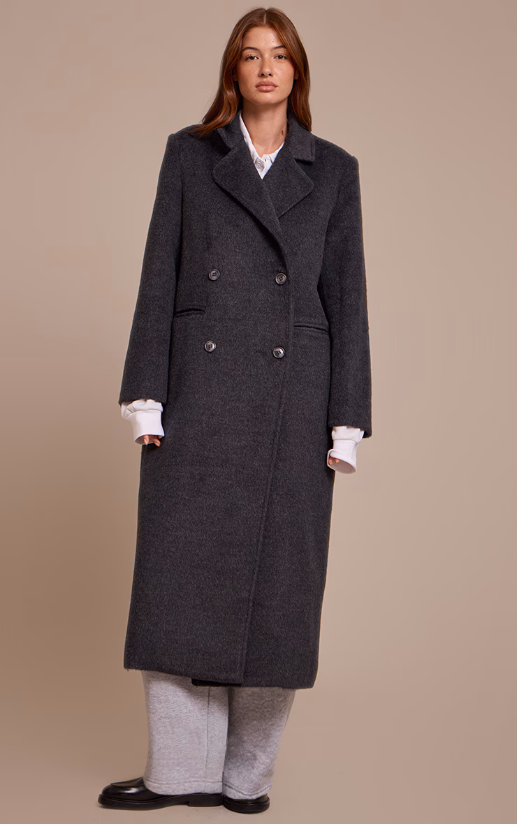 Dark Grey Structured Double Breasted Wool Look Maxi Coat