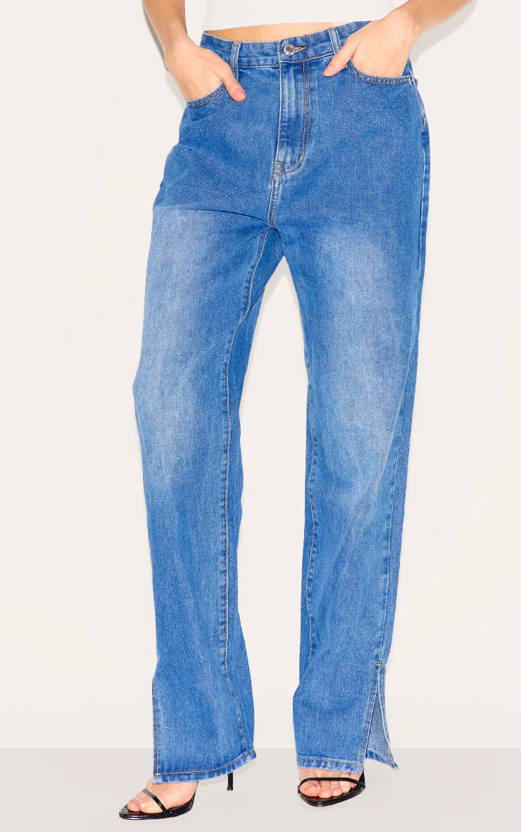 Mid Blue Wash L30 Denim Split Hem Jeans