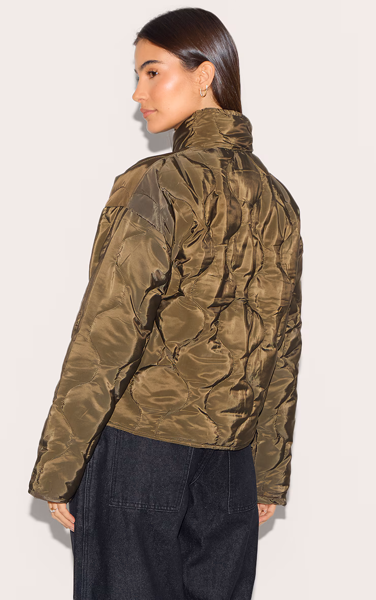Olive Padded Wave Funnel Neck Jacket