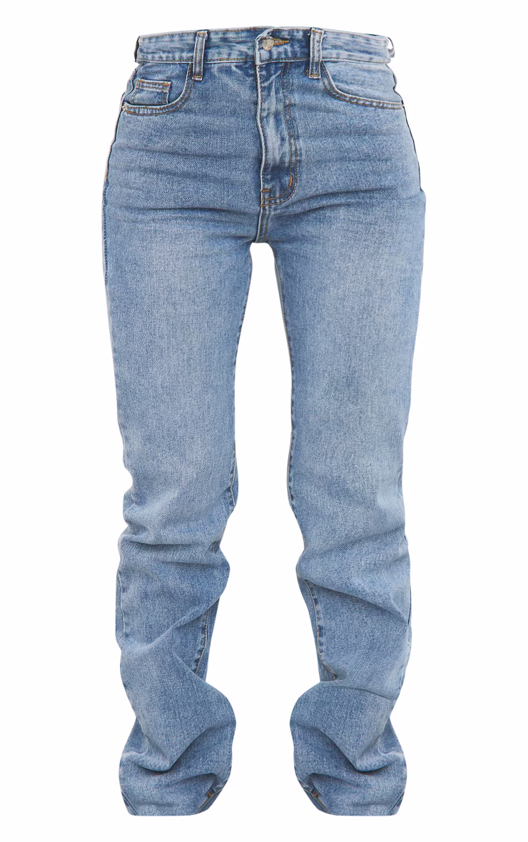 Mid Blue Wash Long Straight Leg Raw Hem Jeans