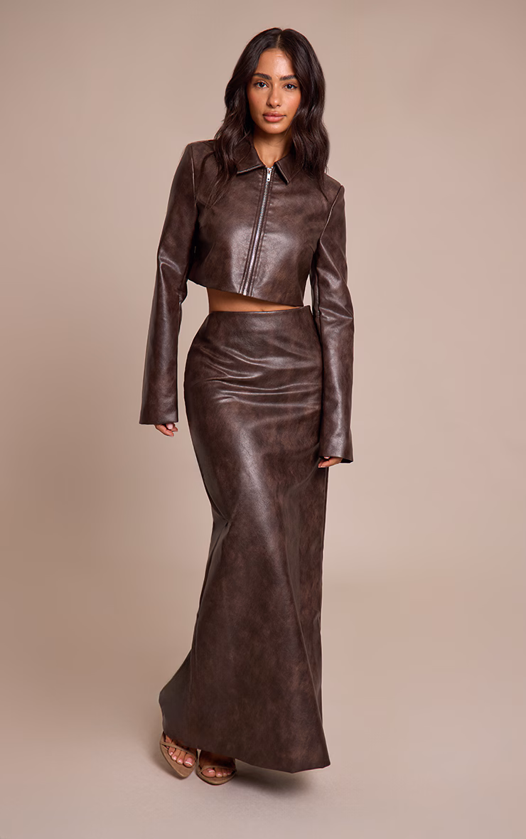 Petite Chocolate Faux Leather Maxi Skirt