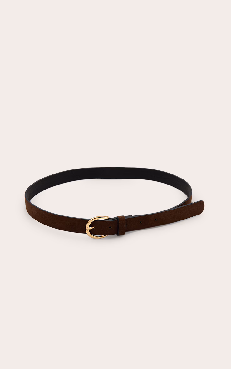 Chocolate Faux Suede Gold Crescent Buckle Skinny Belt