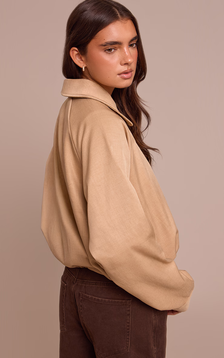 Beige Utility Style Draw Cord Bomber Jacket