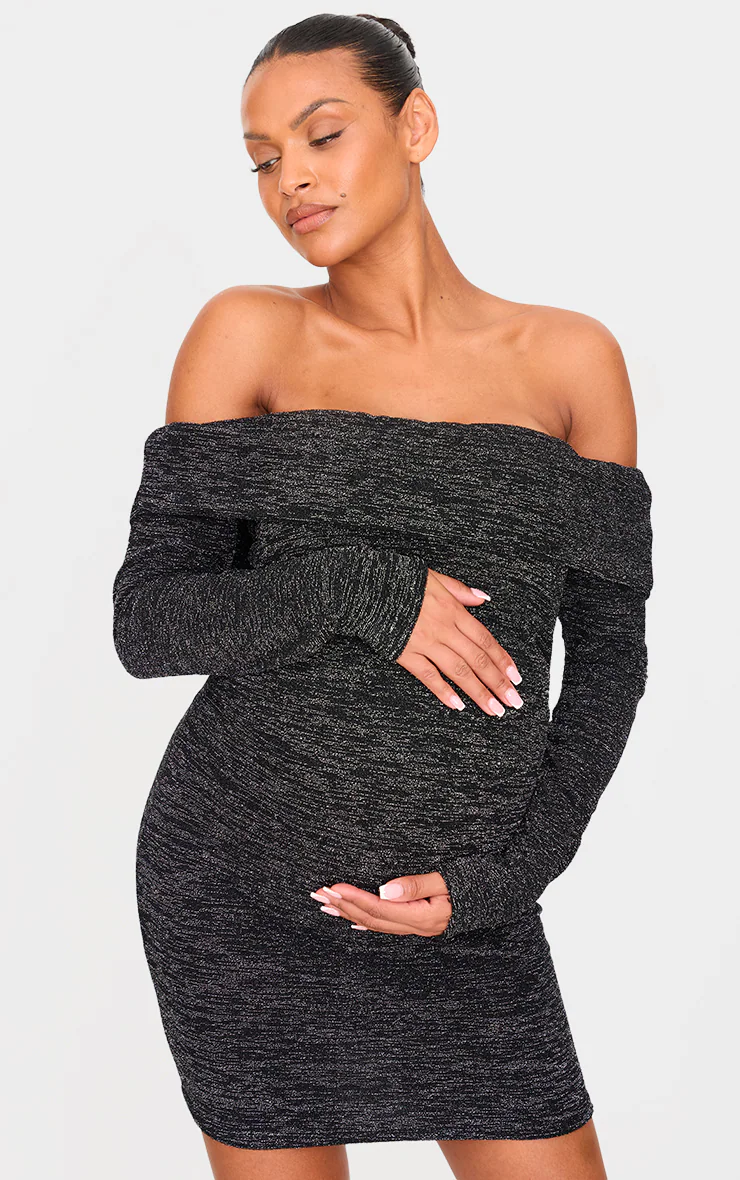 Maternity Black Glitter Bardot Mini Dress