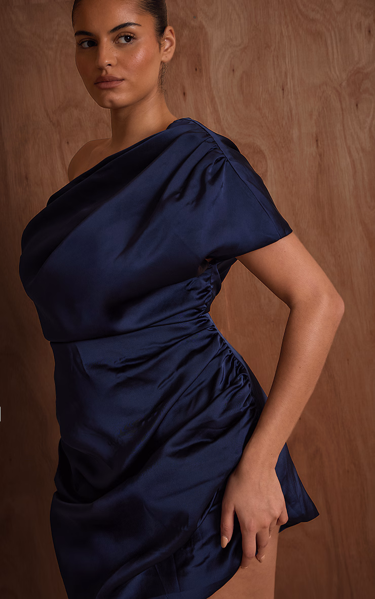 PLT Label Plus Navy Structured Satin Draped One Shoulder Bodycon Dress