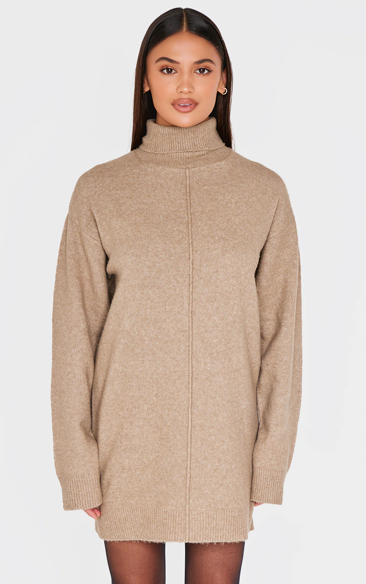 Light Mocha Soft Knit Roll Neck Oversized Seam Detail Sweater Dress